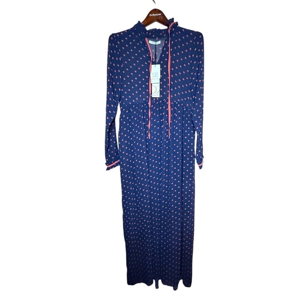Q2 Collection Navy Red Polka Dot Tie Neck Sheer Sleeve Maxi Dress S NWT